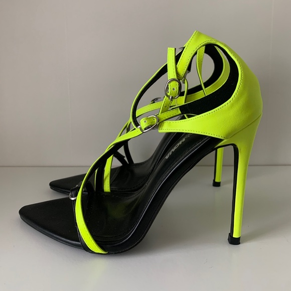 Black and Neon strappy open toe heels - Picture 1 of 5